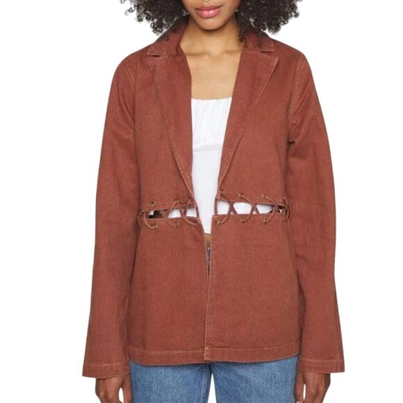 Milk It Territory Denim Jacket Lace-Up Women's Size 10 Dark Brown Festival NEW - Picture 2 of 8